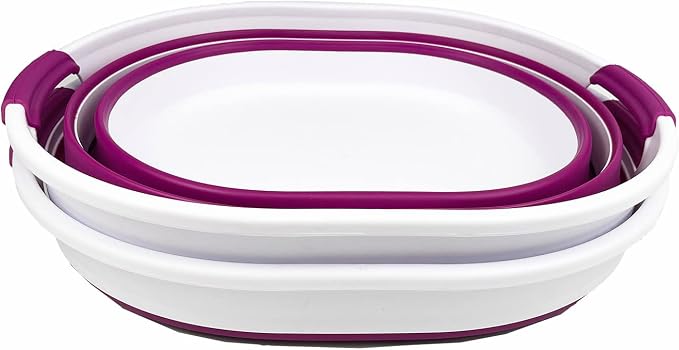 SAMMART 23L (6 Gallons) Collapsible Plastic Laundry Basket - Oval Tub/Basket - Foldable Storage Container/Organizer - Portable Washing Tub (White/Purple (Set of 2))
