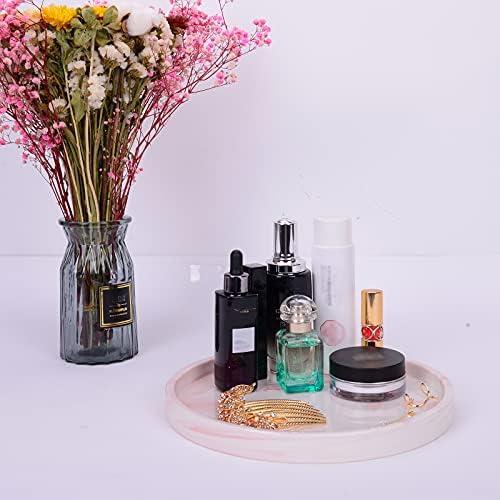 Round Ceramic Vanity Tray, Pink Marble Plate Ceramic Ring Holder Jewelry Dish Perfume Tray Ornate Decorative Dresser Org