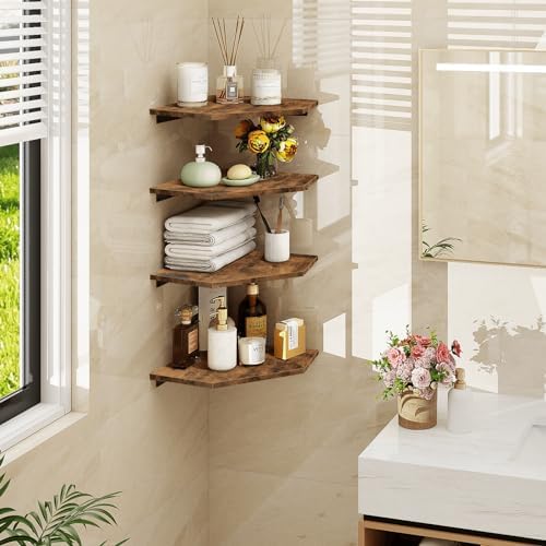 Homode Corner Shelf Wall Mount, Set of 4 Floating Corner Shelves with Cord Hole for Cable Box, Wood Corner Hanging Shelv
