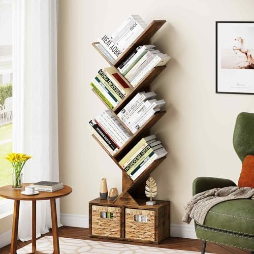 Vagusicc 6 Tier Tree Bookshelf with 2 Storage Cabinets, Tall Display Shelf Organizer for Books, Magazines, Home Decor, N