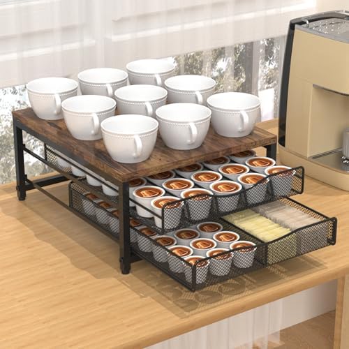 VyGrow Coffee Pod Holder For Counter, Wooden K Cup Holder with Double Layer Sliding Drawer, Large Capacity Coffee Pod St