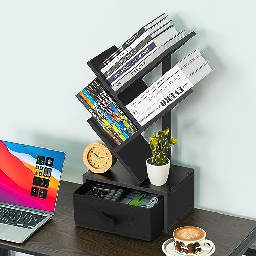 SHEEPAM 4-Tier Tree Bookshelf Small Bookcase with Drawer