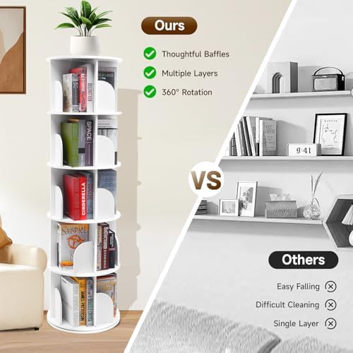 5 Tier Rotating Bookshelf Tower,360°Spinning Bookshelf Tower, Round Revolving Bookcase Organizer, Stackable Rotating Boo