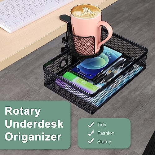 ROSYLINE Rotary Under Desk Storage Organizer with Cup Holder & Drawer Tray