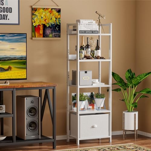 Furologee 5 Tier Bookshelf with Fabric Drawer, Tall Narrow Bookcase, White
