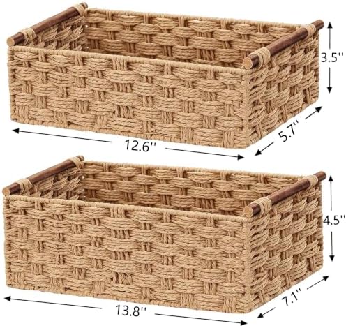 Vagusicc Wicker Storage Basket, Set of 2 Hand-Woven Paper Rope Wicker Basket for Organizing with Handle Decorative Stora