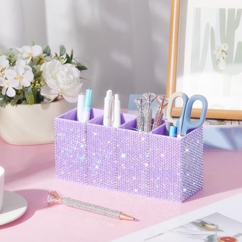 Rhinestone Desk Organizer, Purple Pen Makeup Brush Holder