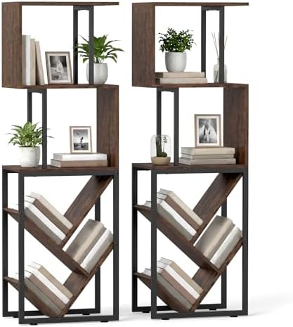 Tangkula 6-Tier Bookshelf, Floor Standing S-Shaped Geometric Bookcase with Open Shelves, Industrial Tree Display Rack St