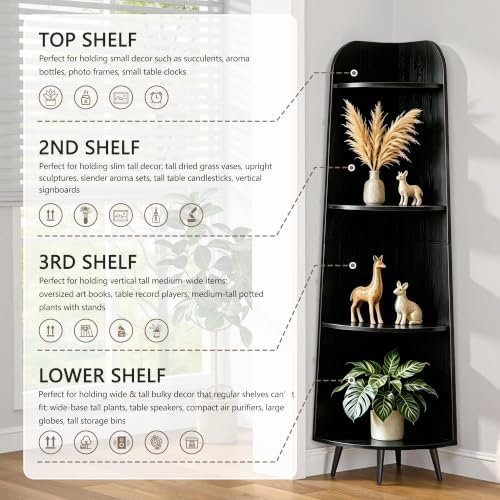VECELO 4-Tier Curved Corner Shelf, 66.93" Tall Display Storage Rack, Black