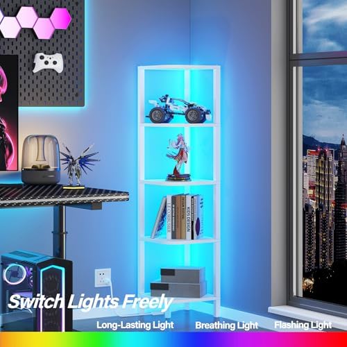 TUTOTAK Corner Shelf with LED Light, 5-Tier Corner Bookshelf
