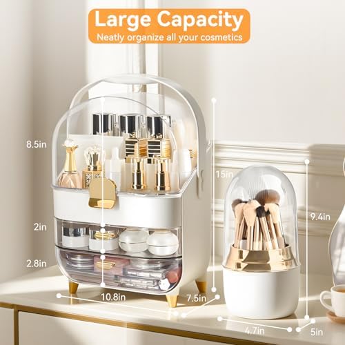 Makeup Organizer for Vanity with Brush Holder, Lid and 2 Drawers, Rose Gold
