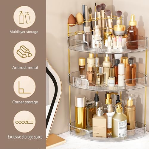 FELIZHOUSE 3-Tier Makeup Organizer for Vanity & Bathroom Countertop – Acrylic Storage Shelf with Perfume Tray & Makeup B