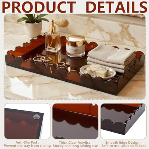 Amber Scalloped Acrylic Tray 5mm Thicken for Vanity Makeup,Perfume, Soap Dispenser, Napkin,12x6''Decorative Serving Tray