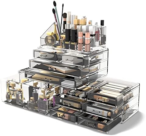 Readaeer Makeup Cosmetic Organizer Storage Drawers Display Boxes Case with 12 Drawers(Clear)