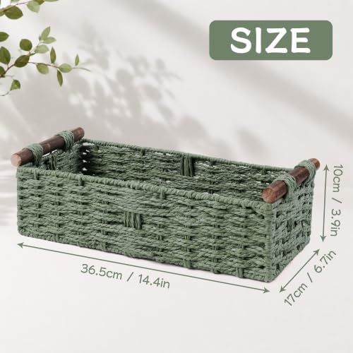 Round Paper Rope Storage Basket Wicker Baskets for Organizing with Handle Decorative Storage Bins for Countertop Toilet Paper Basket for Toilet Tank Top Small Baskets Set,Green