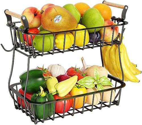 ANTOPY 2 Tier Fruit Basket with 2 Banana Hangers, Countertop Fruit Vegetable Basket Bowl for Kitchen Counter Metal Wire 