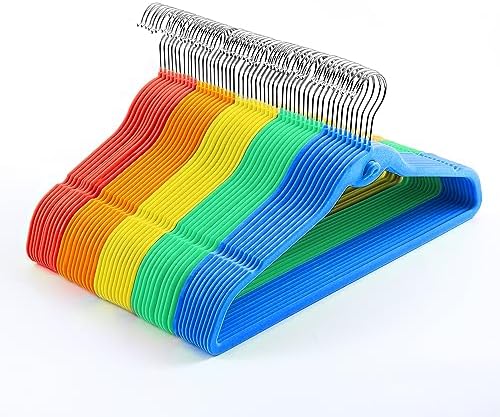 Multi-Color Premium Velvet Hangers with Mini Hooks, Pack of 50, Non Slip, Space Saving Cascading Clothes Hangers, Rainbow Colors, Red, Orange, Yellow, Green, Blue