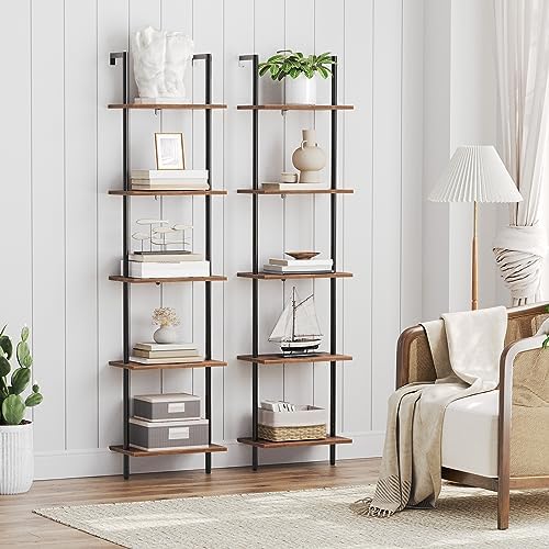 HOOBRO DIY Ladder Shelf, 5-Tier Wooden Wall Mounted Bookshelf, Narrow Bookcase, Display Shelf, Storage Rack, Plant Stand