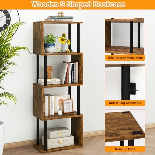 IBUYKE 5-Tier Tall Bookshelf,S-Shaped Geometric Bookcase,Brown WBC015H