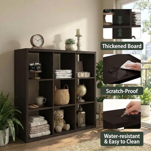 WannabeMyself【2026 Wooden Thick Frame】 9 Cube Storage Organizer with Anti-Tipping Kits, Reversible Open Back Book Shelf,