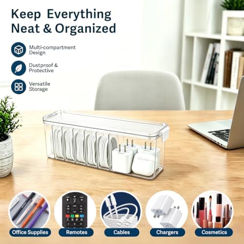 TexHome 2 Pcs Cable Organizer Boxes Clear Charger Cable Storage Boxes with Lid and Cable Straps, Plastic Electronics Cor