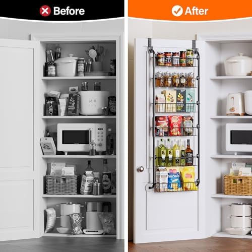 Delamu Over the Door Pantry Organizer, 6-Tier Metal Pantry Door Organization and Storage, Hanging Kitchen Basket Spice R