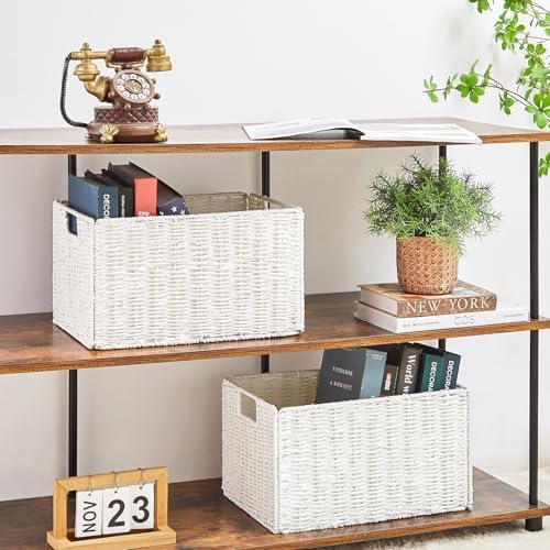 Vagusicc Wicker Storage Basket, Set of 2 Hand-Woven Paper Rope Wicker Basket, Small Storage Baskets for Organizing Toile