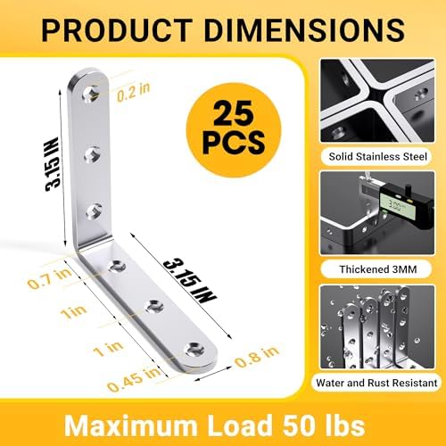 25Pcs Stainless Steel Angle Brackets 3”x 3” Heavy Duty Corner Brackets
