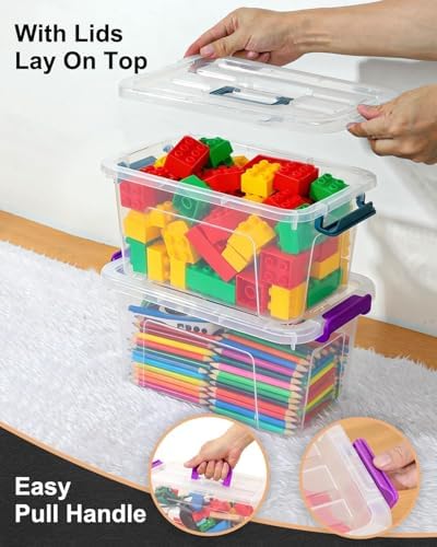 NUMIFUN Plastic Storage Bins with Lids 6 Pack, 7 Quart Storage Containers with Black Buckle Latch, Stackable Storage Con