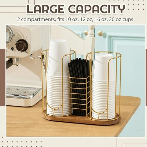 Geelin 18oz Adjustable Coffee Cup Dispenser with Wooden Base, Cup and Lid Holder, Cups Holder Organizer for Coffee Pod S