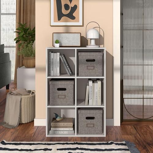 Homes: Inside + Out Apexa 6-Cube Storage Organizer Shelves, Stackable Wood Bookcase Fits Cubby Bins for Organization, Do