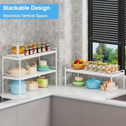 Expandable Kitchen Cabinet Shelf Organizer, Stackable Metal Storage Shelves