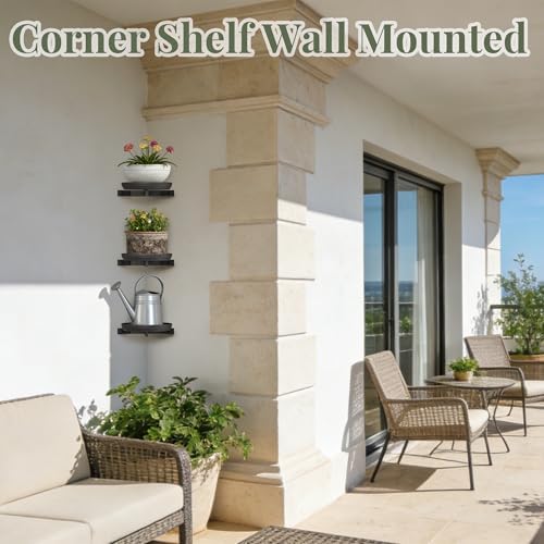 BXF Floating Plant Shelves for Wall Set of 3, Heavy Duty Matte Black Corner Wall Planters for Indoor Plants, Minimalist 