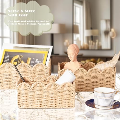 Scalloped Wicker Baskets Set of 3, Hand-Woven Storage with Handles