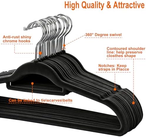 SUPER DEAL Velvet Hangers 100 Pack, Non-Slip Clothes Hangers with Tie Bar and Shoulder Notched Premium 360 Degree Swivel Hook for Coat Suit Pants Dress Closet Space Saving, Black