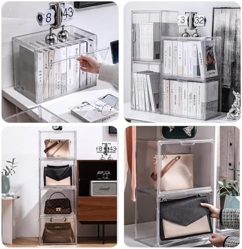 GUDEMAY Clear Stackable Plastic Storage Bins with Magnetic Lid, Dustproof Book & Cosmetic Acrylic Display Cases, Large F