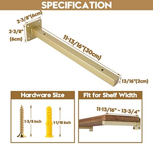 AddGrace 4 Pack Shelf Brackets Wall Mounted Gold Shelf Brackets Heavy Duty Metal Rustic Floating Shelf Bracket with Scre