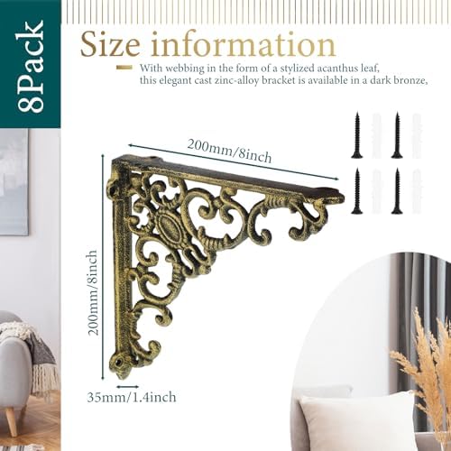 Lounsweer 4 Pcs Shelf Brackets, 8 Inch Antique Brass Wall Mounted,Classic