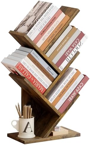 Hoctieon 4 Tier Tree Bookshelf, 4 Shelf Bookcase, Modern Book Storage, Free Standing Tree Bookcase, Utility Organizer Sh