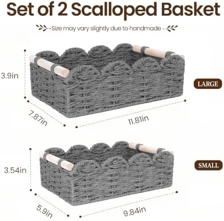 iEGrow Paper Rope Small Storage Baskets for Organizing, Set of 2 Scalloped Edge Wicker Basket with Wooden Handles Toilet Paper Basket for Over Toilet Storage Shelf, Home Decor, Living Room (Grey)