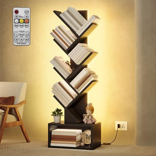 Hoctieon 6 Tier Tree Bookshelf, Tall Bookcase with Drawer, Freestanding Book Shelf with LED Lights, Display Floor Standi