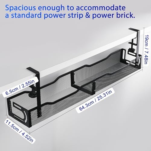 Under Desk Cable Management Tray 25.3 Inch, Clamp-On Cable Organizer Box for Standing Desks, No Drill Cord Management Un