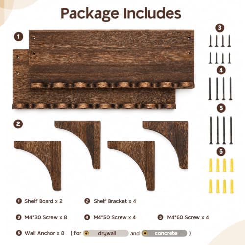 Scalloped Wood Wall Shelves, 17-Inch Wavy Rustic Floating Shelves, Set of 2