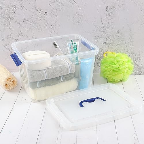 Anbers 12 Quart Clear Plastic Bin with Lid, Latching Box with Blue Handle