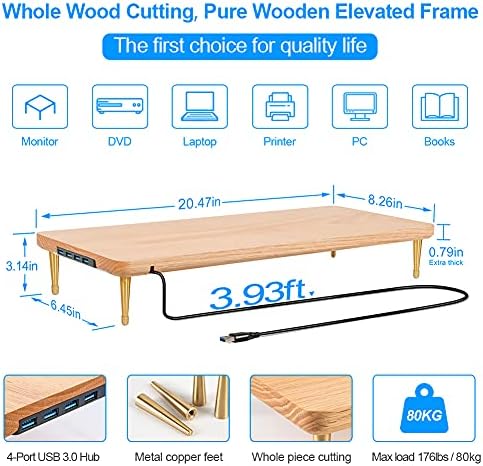 Wood Riser Monitor Stand with USB Ports Computer Stand w/Slot for Tablet & Cellphone Computer Riser w/Big Storage, Dual 