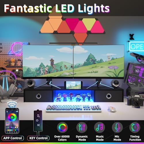 YAOHUOO Dual Monitor Stand with LED Light 2 Drawers, Computer Monitor Riser for 2 Monitors, Large Desktop Organzier with
