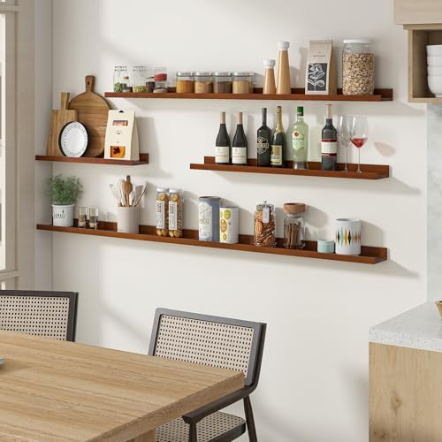 Acovy Floating Shelves for Wall, 36 inch Solid Wood Picture Ledge Shelf, Picture Shelf for Wall with Ledge, Floating Book Shelves for Living Room Bedroom Kitchen Nursery Decor, Walnut, Set of 2
