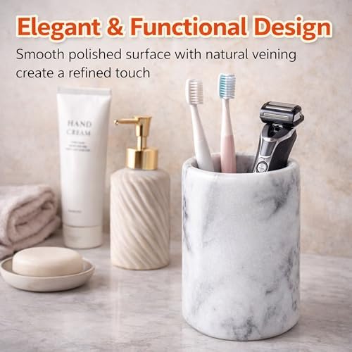 Creative Home White Marble Pen Holder, Heavy Stone Pencil Cup Organizer for Desk