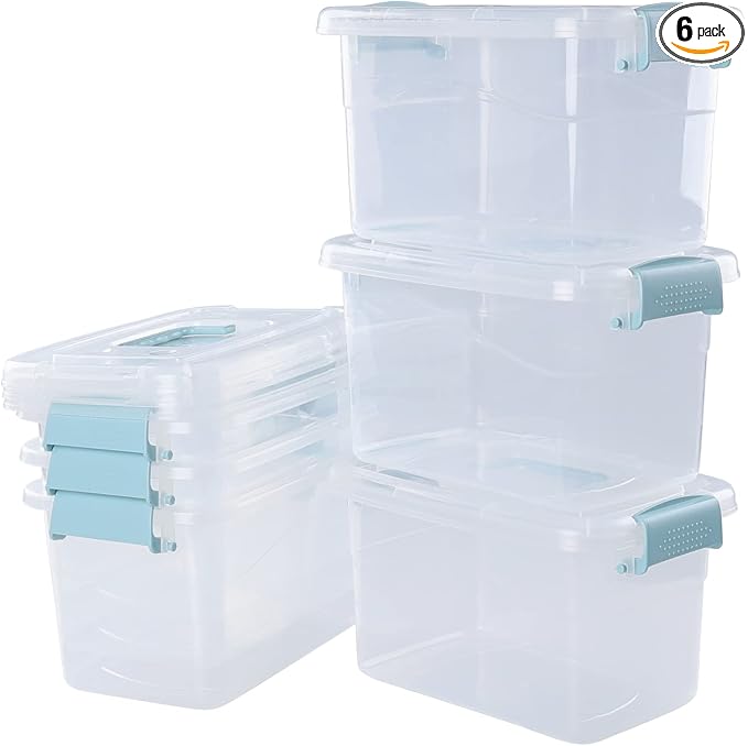 Hespama 6 Packs 6 Quart Lidded Storage Bin, Plastic Latch Container Box with Handle