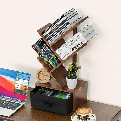 SHEEPAM 4-Tier Tree Bookshelf Small Bookcase with Drawer